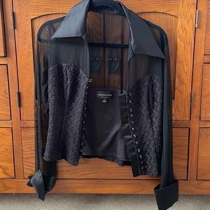 Black collared long sleeve blouse, semi formal, sheer +beautiful texture.